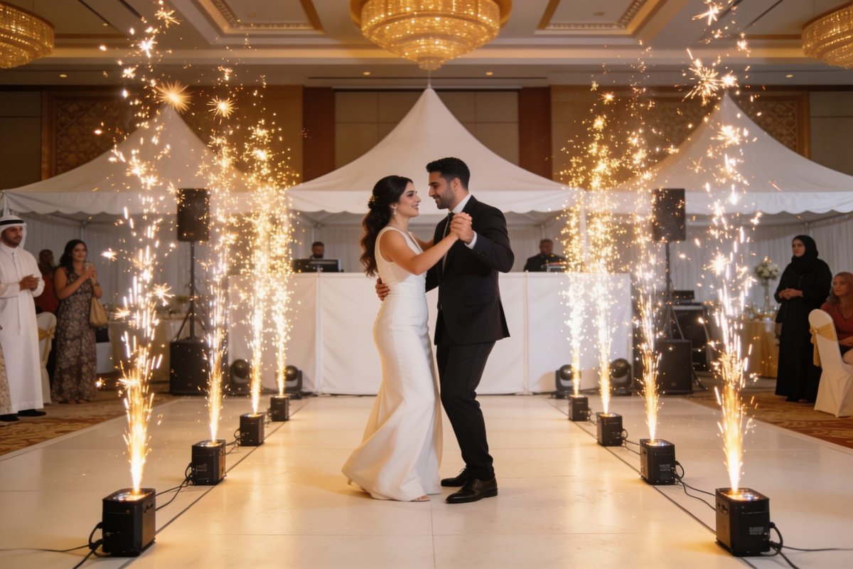 Cold spark machines lighting up a wedding first dance