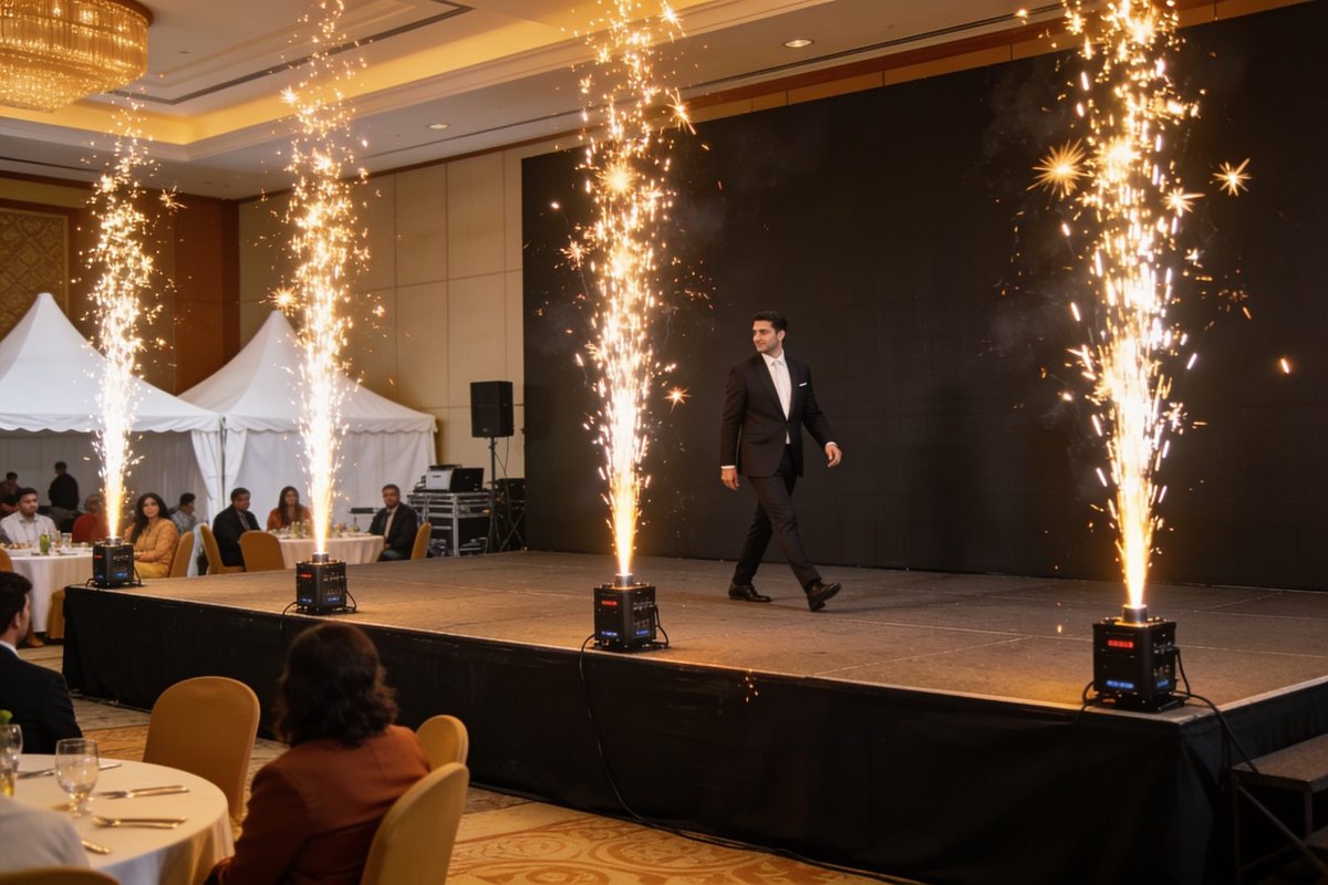 Cold spark fountains on stage at a gala dinner