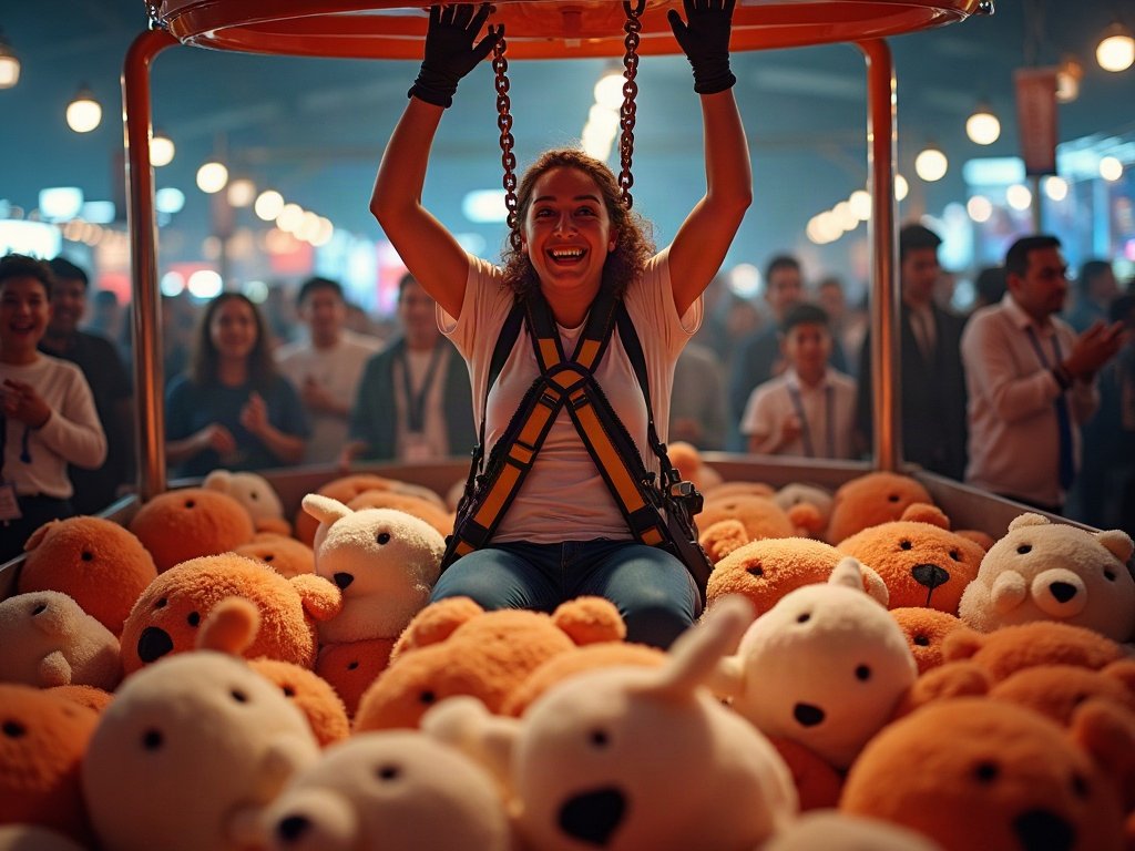 Guest in a harness grabbing plush toys in a human claw machine in Singapore
