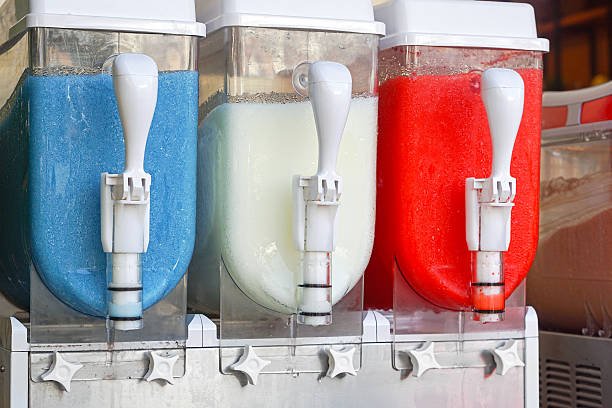 Three bowl slushie machine with blue, white and red slush for event rental in Singapore